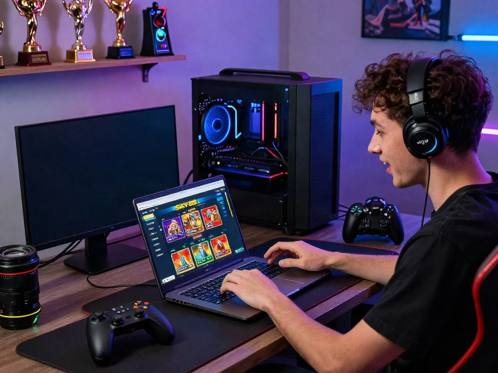 Engaged user exploring the gaming features of SKY88 on a laptop with a vibrant gaming setup.
