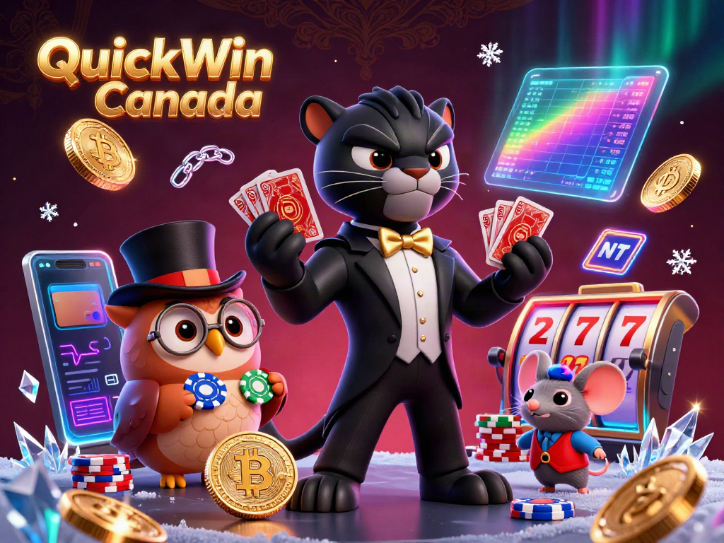 Experience thrilling gameplay and bonuses at QuickWin Canada through dynamic 3D characters and vibrant casino imagery.
