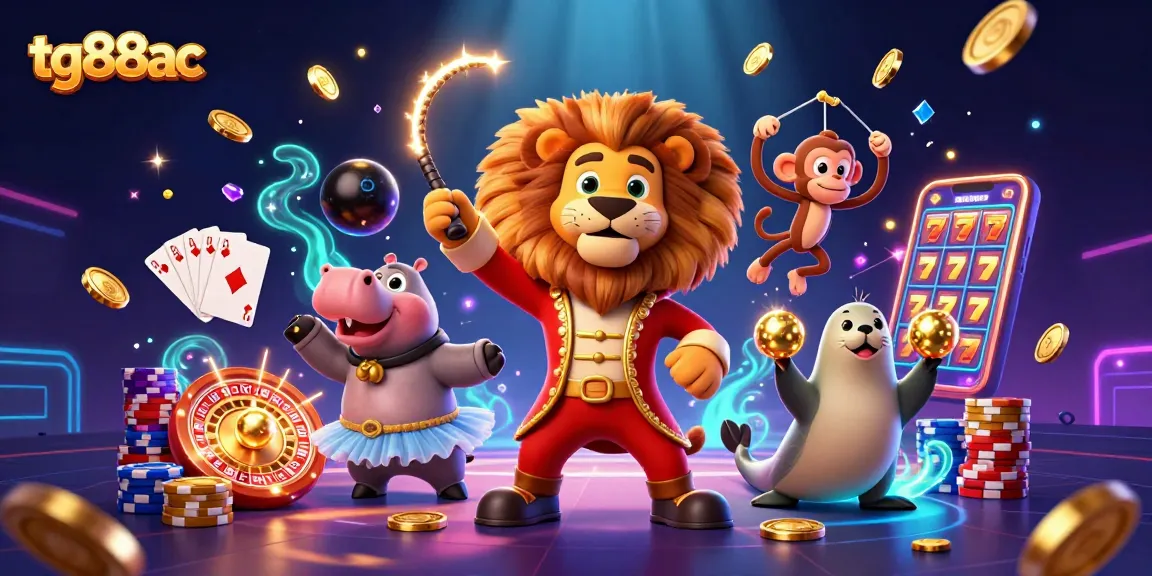 Engage with tg88ac's vibrant circus-themed online casino illustration featuring dynamic characters and casino elements.