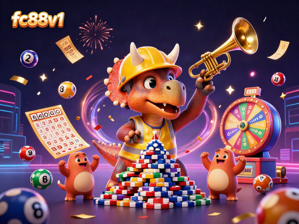 Celebrate winning moments at fc88v1 with a vibrant triceratops and exciting gaming elements.