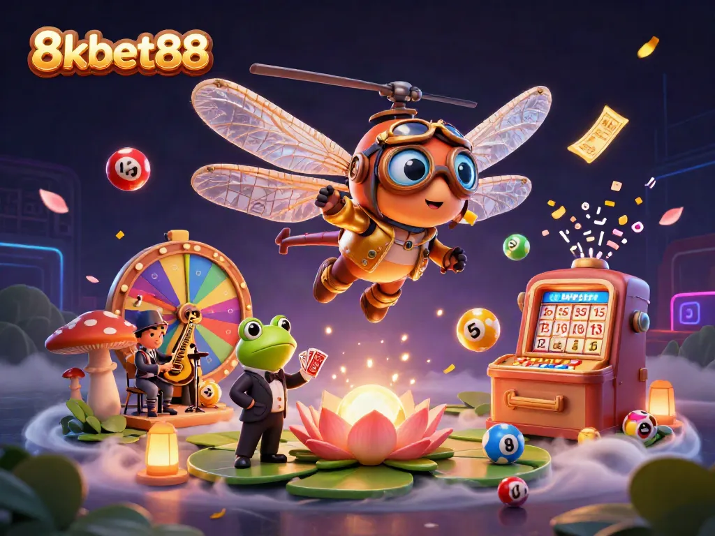 Experience 8xbet88 with vibrant casino action filled with lottery balls and a frog croupier in this colorful illustration.