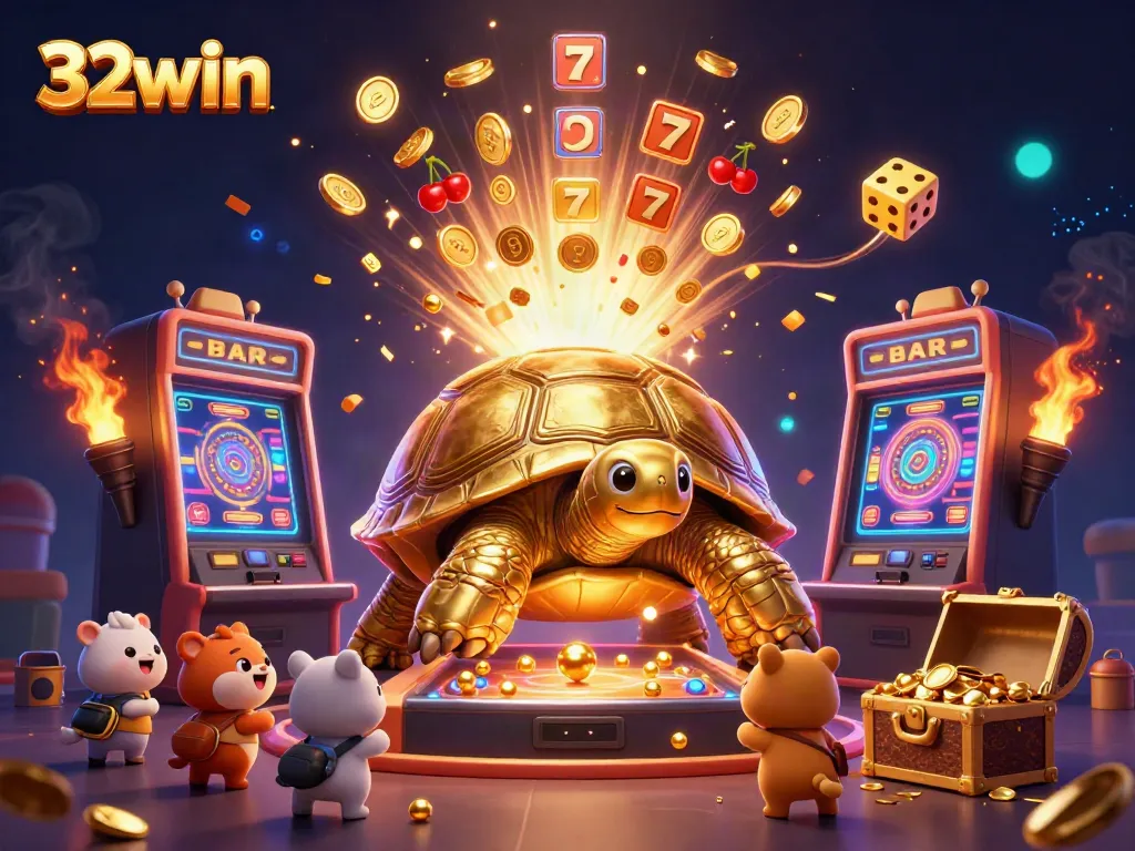 Experience the thrill of 32win with gaming excitement, vibrant slot machines, and cheerful animated characters.