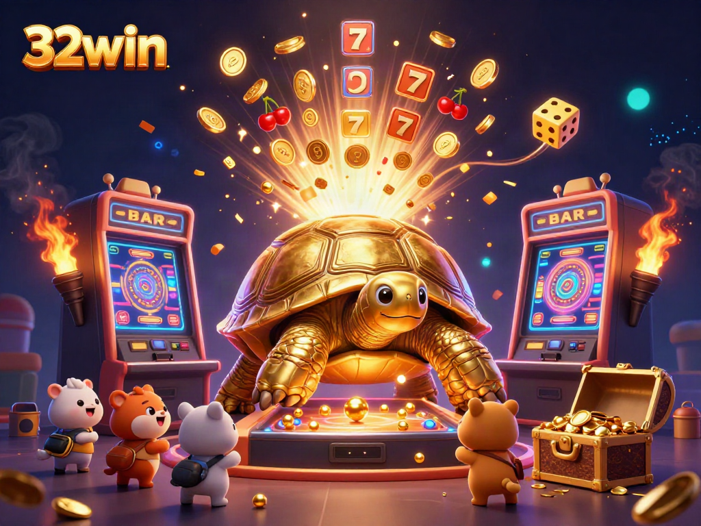 Experience the thrill of 32win with gaming excitement, vibrant slot machines, and cheerful animated characters.