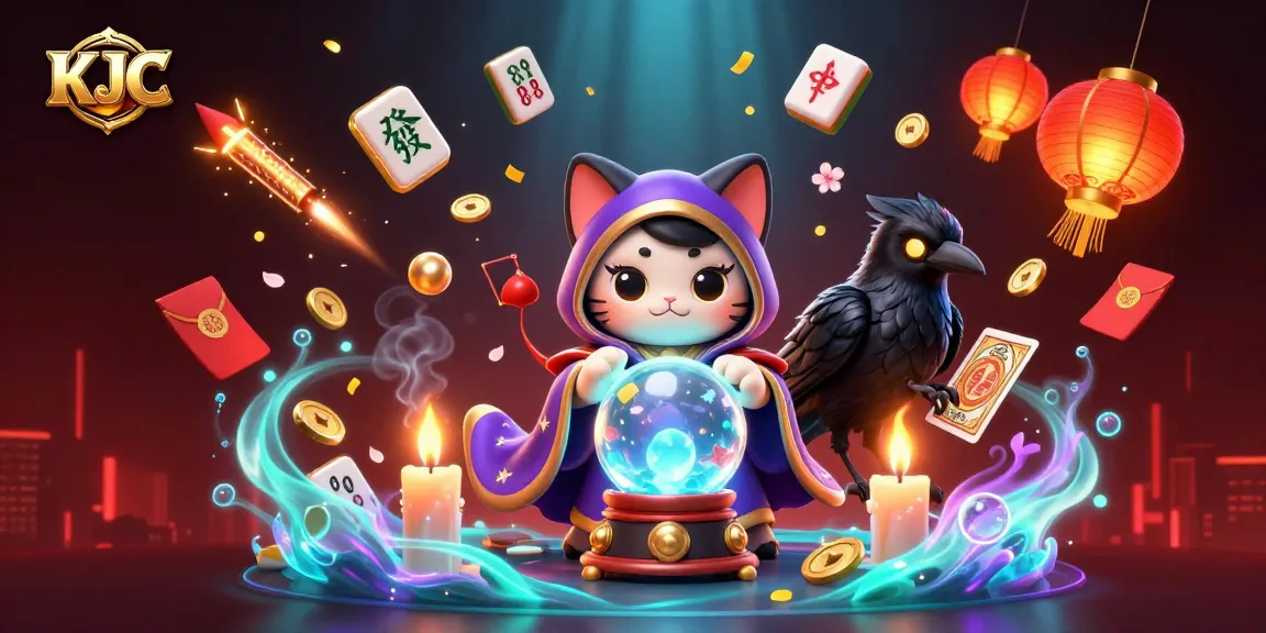 KJC entertains players with a fortune-telling cat and tarot raven in a vibrant casino scene.