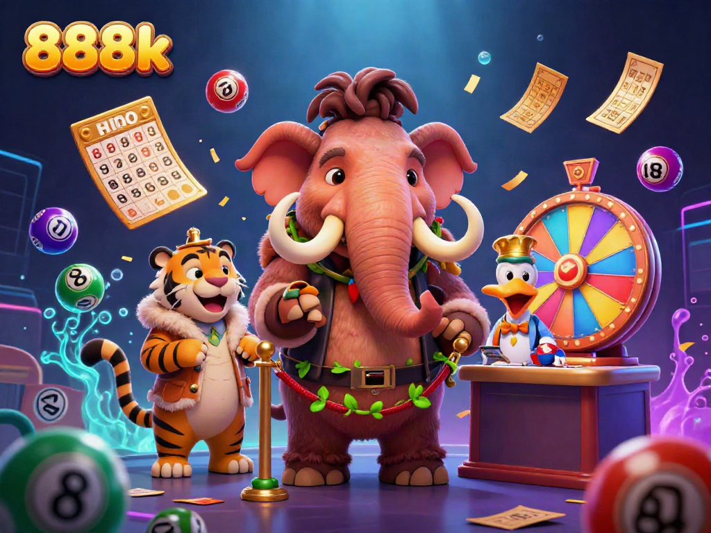 Engage in thrilling gaming moments at 888k, where vibrant lottery balls and playful characters create a dynamic casino atmosphere.