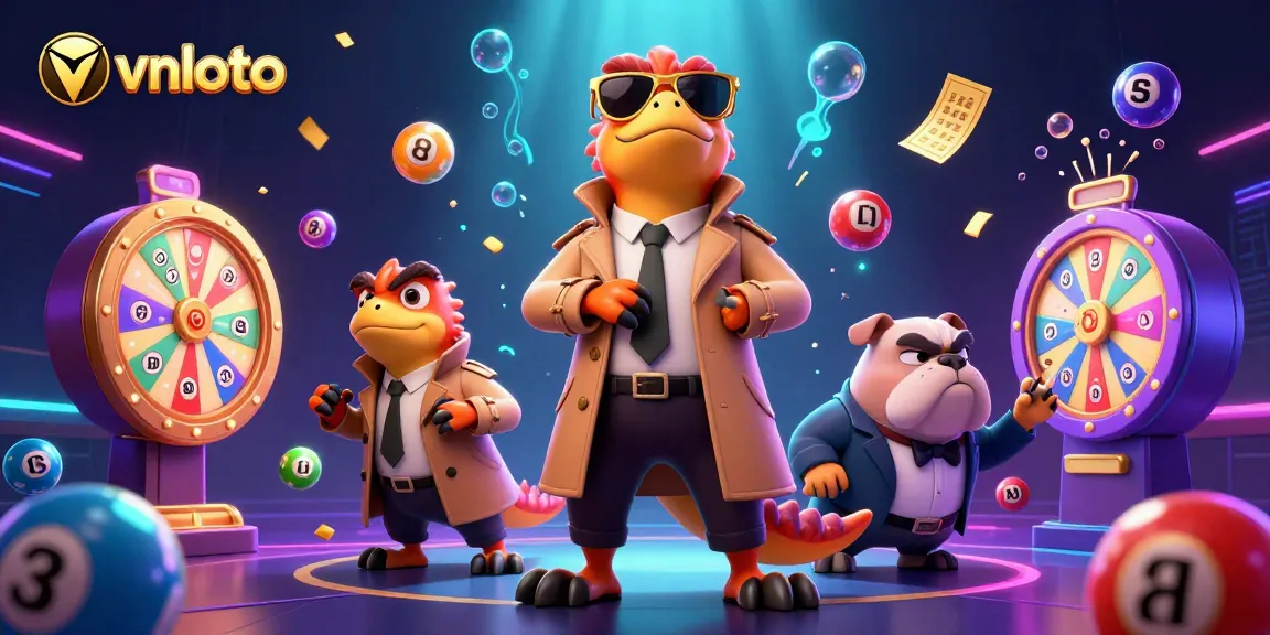 Experience vnloto in a vibrant casino scene with colorful lottery elements and cartoon raptors.