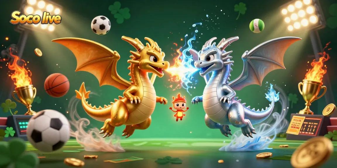 Soco live showcases thrilling action with dynamic sports balls amidst intertwined dragons breathing fire and ice.