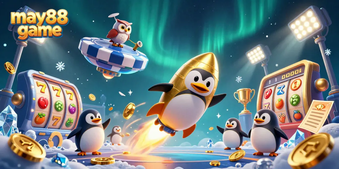 Spinning slots and golden coins soar around may88 game in a dynamic casino adventure.