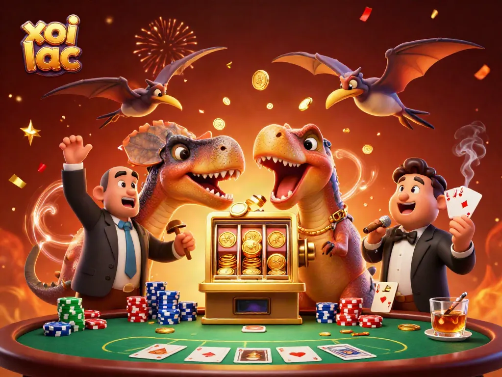 xoi lac casino scene with cartoon dinosaurs, golden coins, and dynamic gaming elements