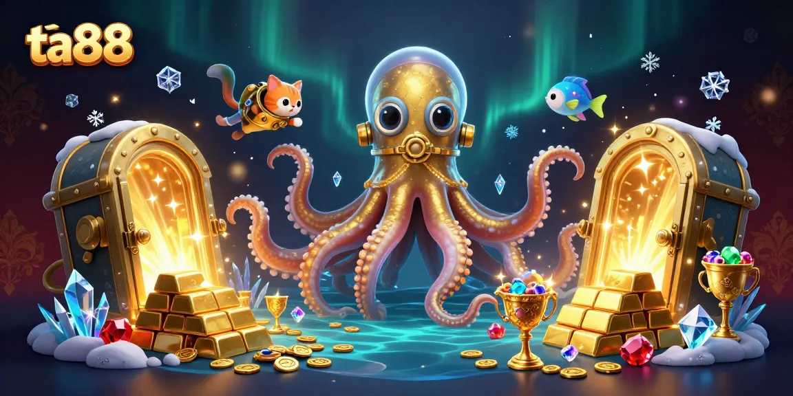 Engage in thrilling gameplay at ta88 with an illustration of a kraken and a diving cat amidst treasure and games.