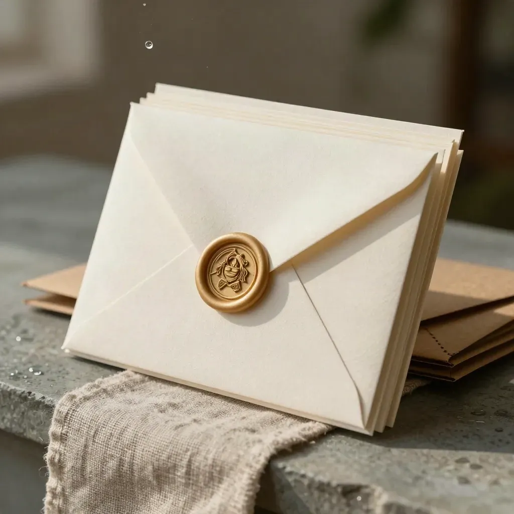 Stacked greeting card set with cream envelopes, linen wrap, wax seal and kraft mailer in rain-soft light.