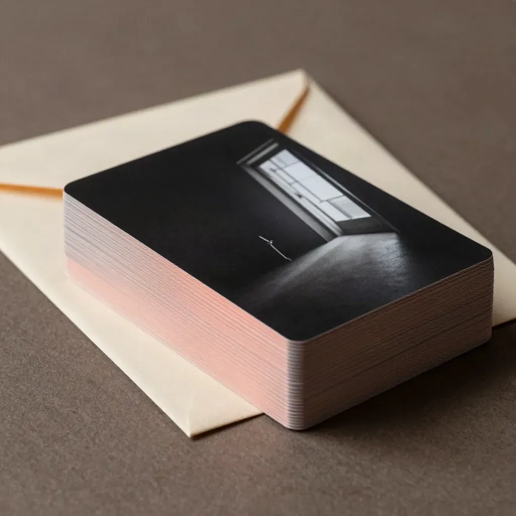 Rush-order card bundle with envelopes and proof sheet in dramatic doorway light.