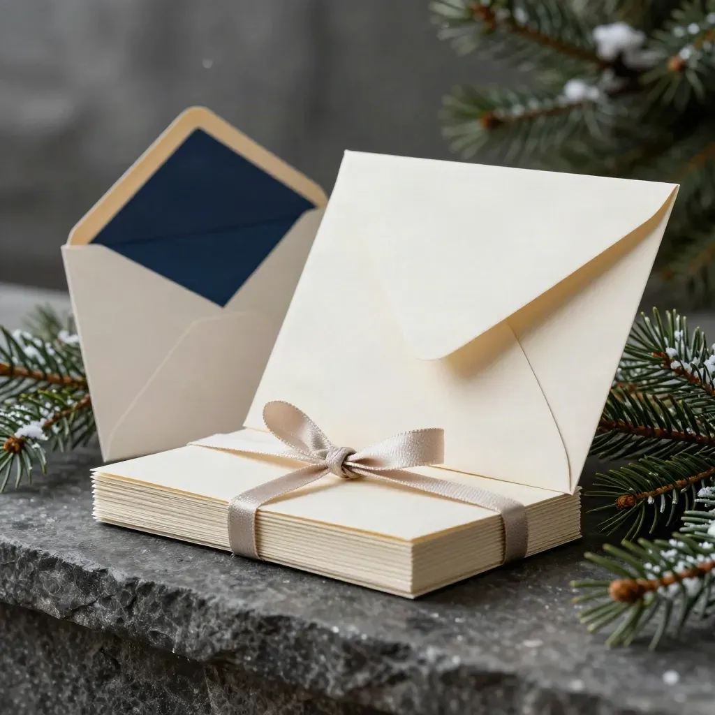 Holiday photo cards tied with ribbon, envelopes and pine sprig on a dark stone ledge.