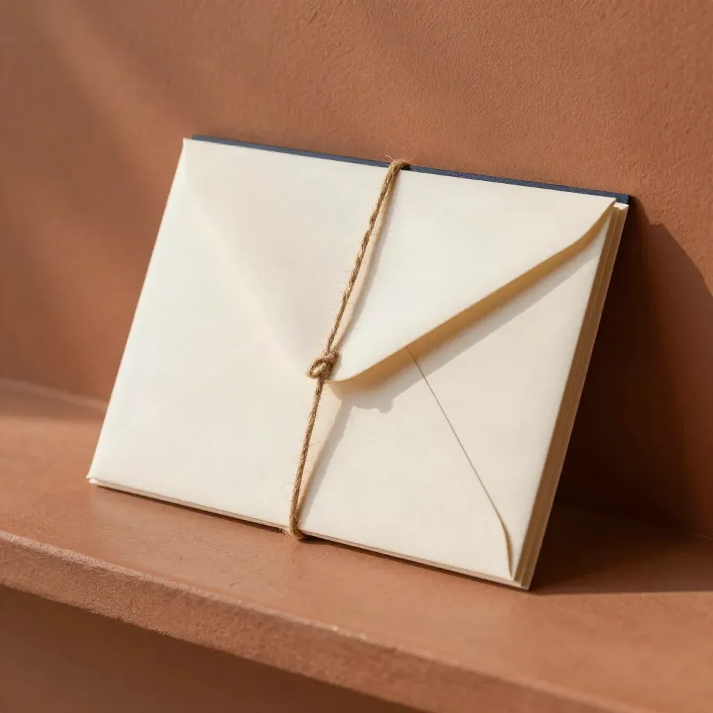 Reply-card set with twine on a terracotta shelf in soft daylight