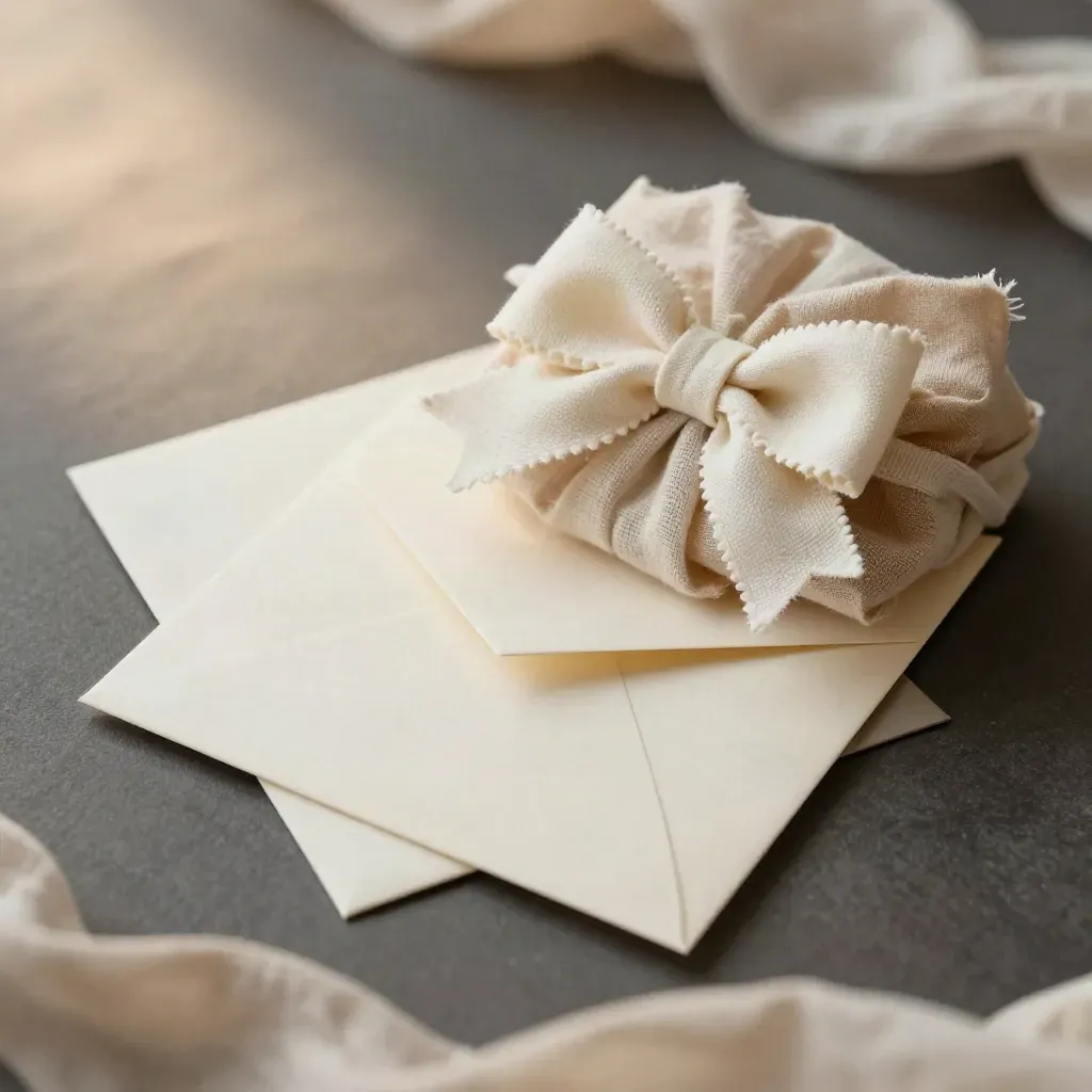 Cream baby announcement card set with gauze wrap, tiny envelope, and paper bow on dark cloth
