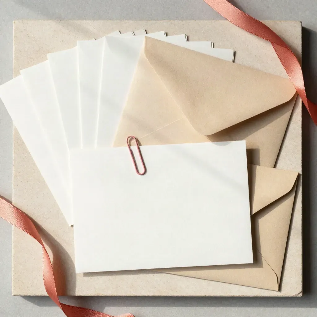 Top-down greeting card set with envelopes, clip, and coral ribbon on cream stone.