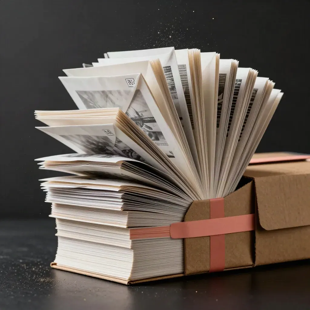 Rush-print card bundle bursting from a kraft carrier on a dark studio surface, coral accent lighting.