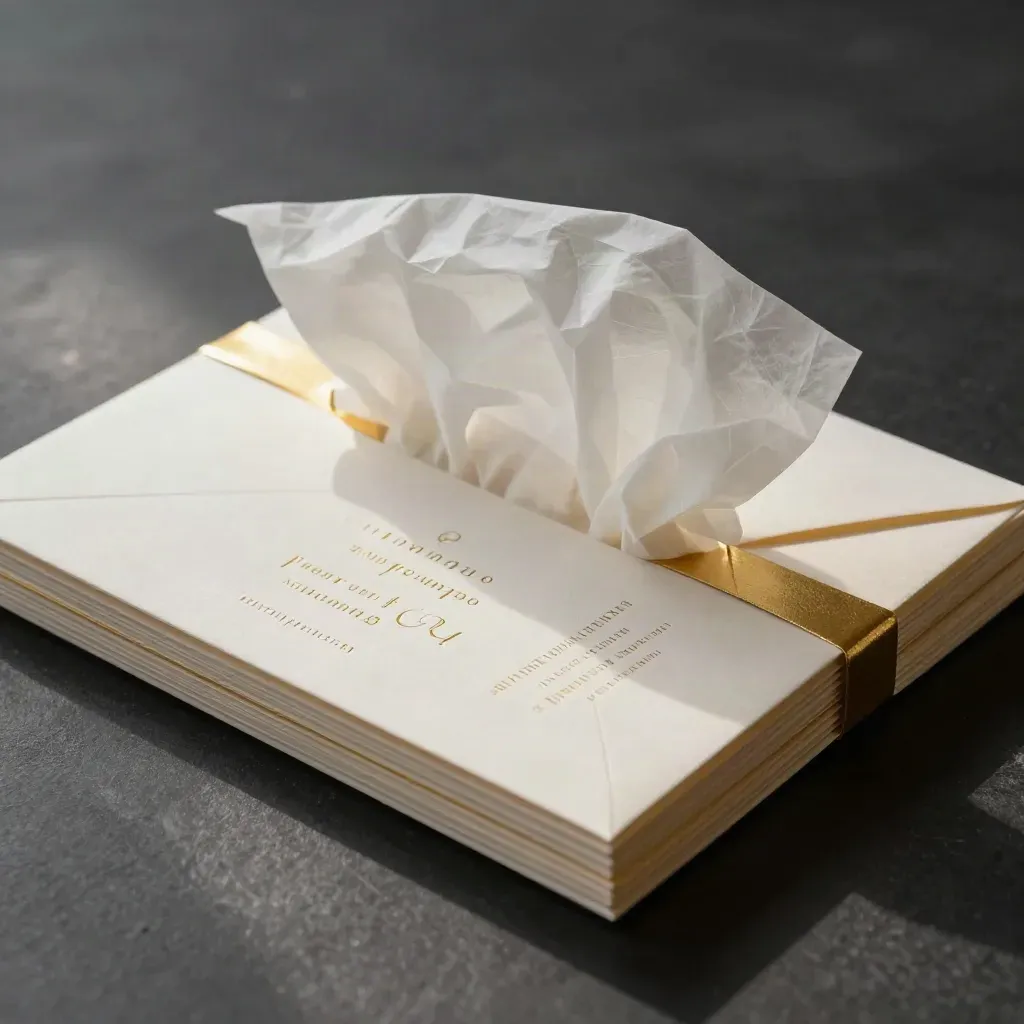 Foil wedding invite suite with vellum, sealed envelope stack and tissue wrap on a dark surface