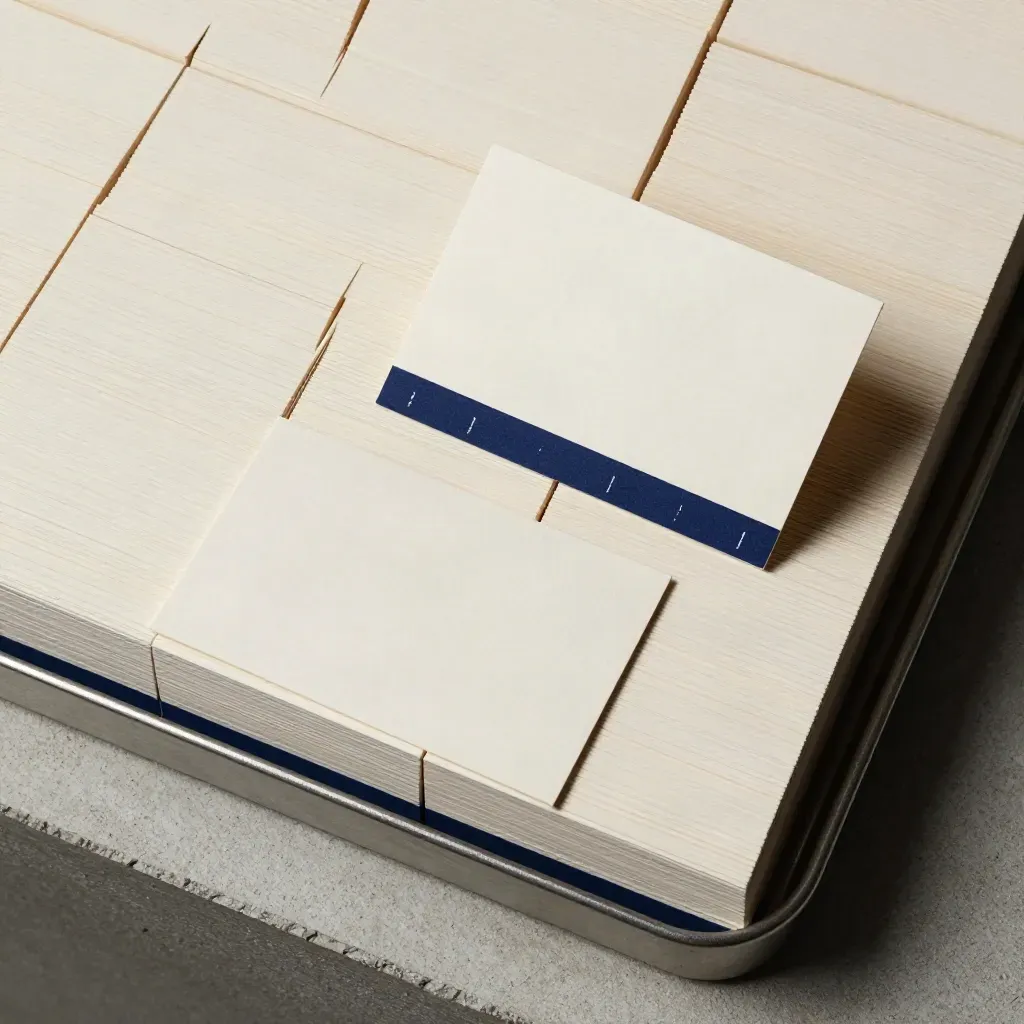 Overhead flatlay of matte business cards in a metal tray on pale concrete.