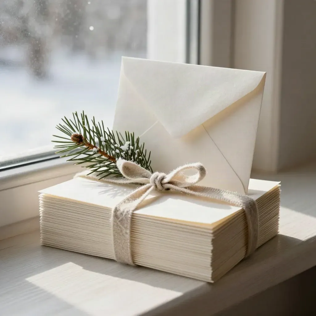 Winter photo card stack with wool ribbon, frosted envelope, and pine cutting on a pale wood ledge.