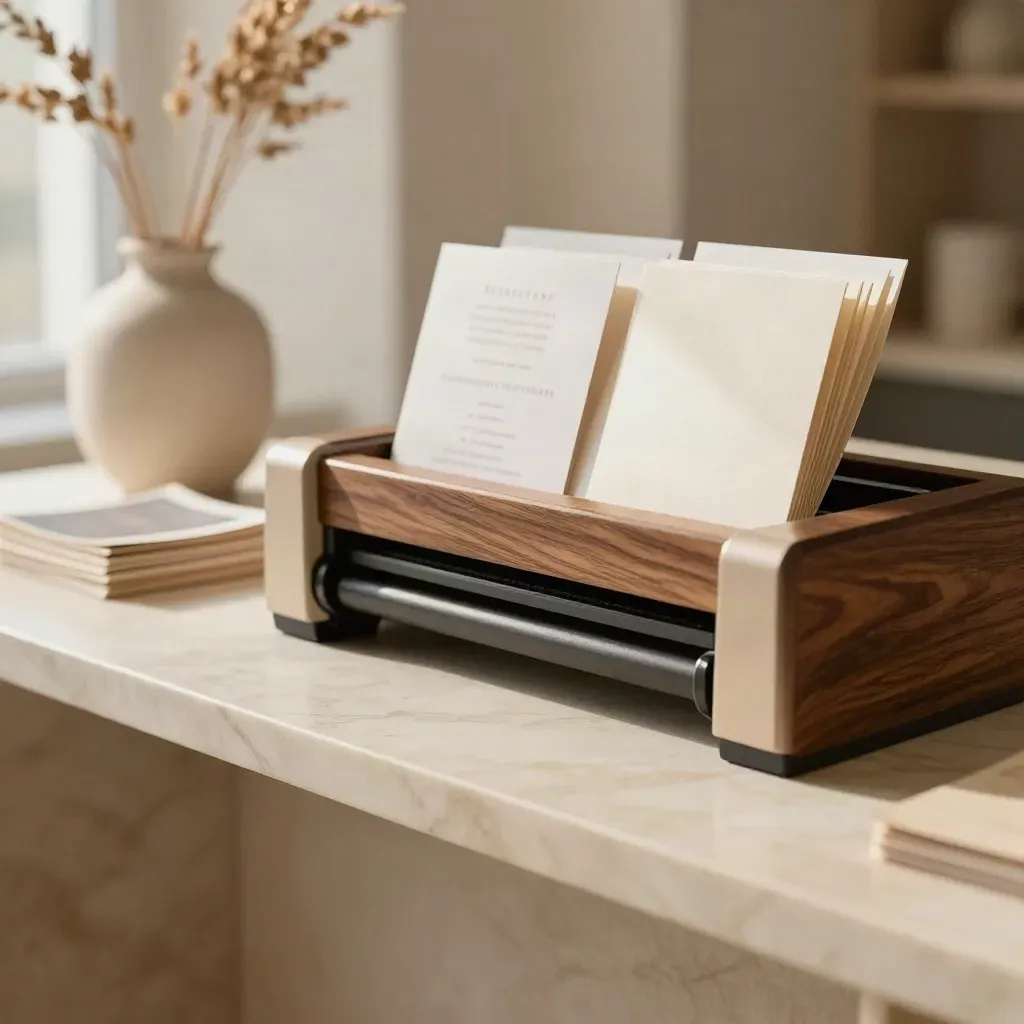Cream marble console with card samples, dried stems, and soft daylight for headline space.