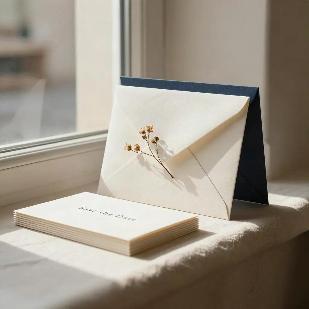 Save-the-date card set with linen envelope and dried floral sprig on a cream ledge