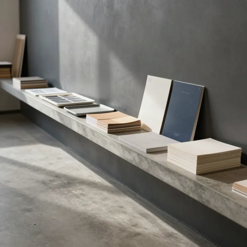 Sunlit print-studio corridor with card stock samples, concrete bench, and calm copy space.