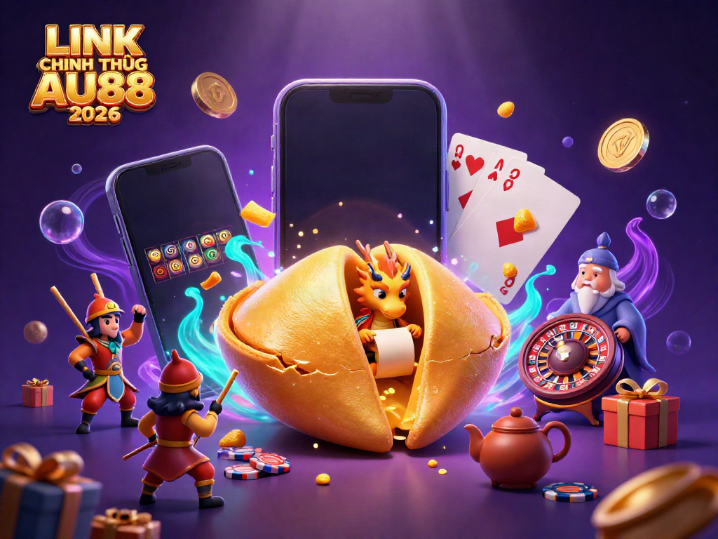 Engage with LINK CHÍNH THỨC AU88 2026, showcasing a golden fortune cookie and gaming elements amidst a rich, dynamic scene.