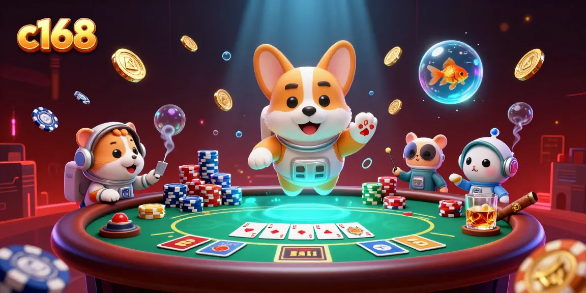 C168 showcases a vibrant casino scene with cartoon characters and poker elements thriving in zero gravity.