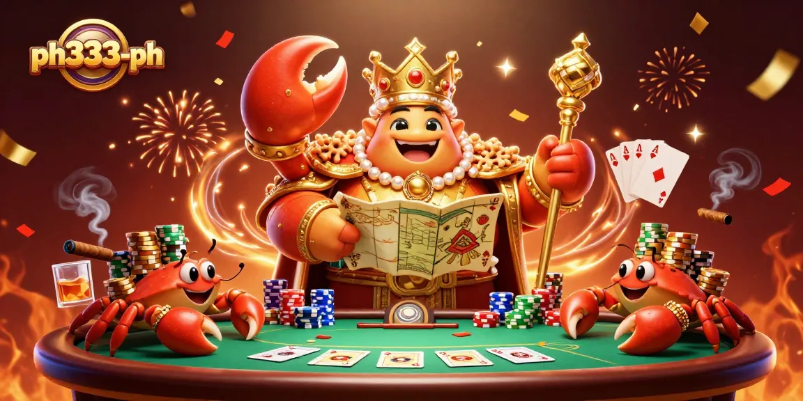 Win big at ph333-ph with a grand 3D illustration of a golden crab emperor presiding over a vibrant casino scene.