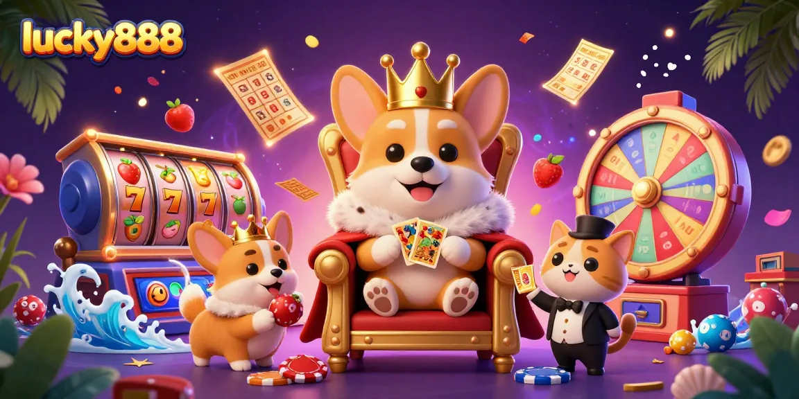 Engage with lucky888 in a vibrant casino scene featuring animated slot reels and playful characters.
