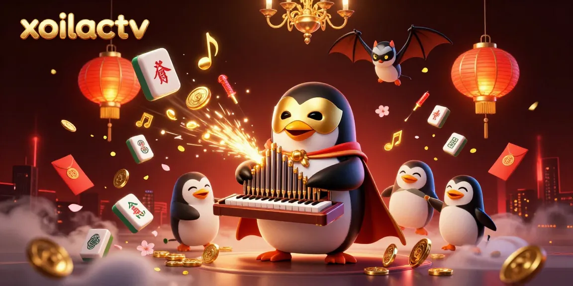 Experience the thrilling atmosphere of xoilactv with a vibrant 3D artwork featuring an opera penguin and golden coins.