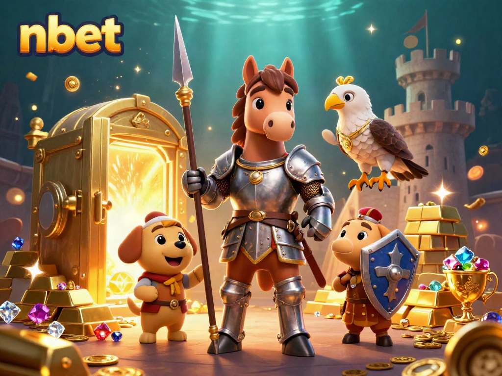 Experience nbet with a dynamic illustration of knights and treasures in a vibrant casino setting.