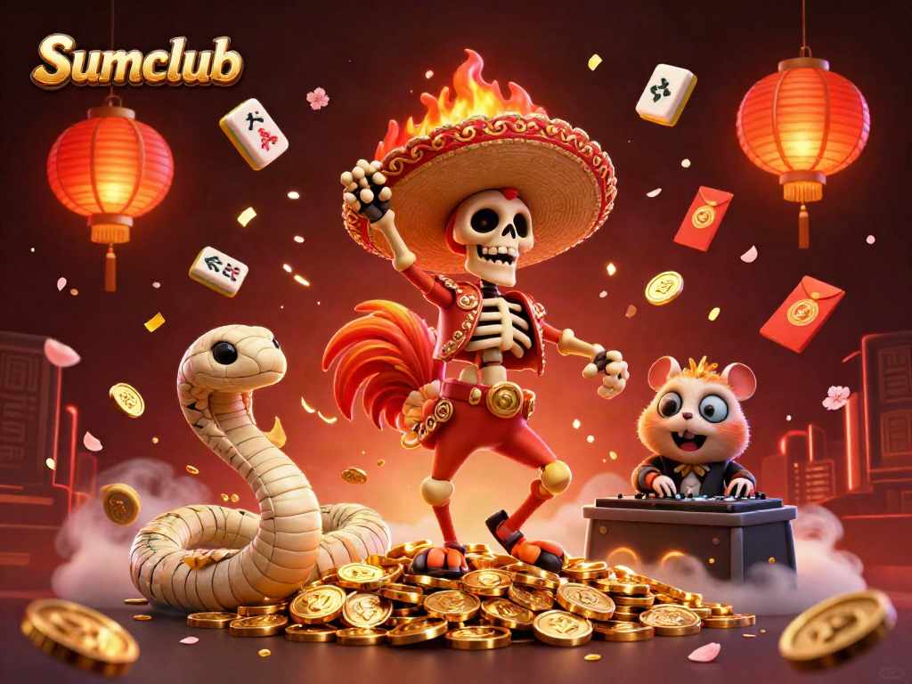Spin to win with Sumclub: vibrant 3D casino scene with dynamic characters and festive elements.