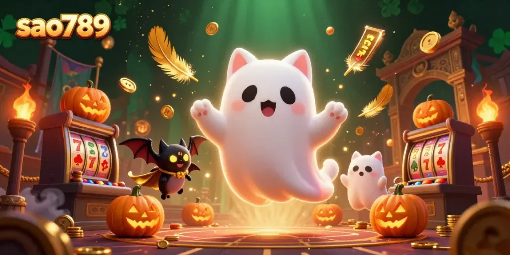 Engage in thrilling casino adventures with sao789, featuring a ghost cat and bat amidst slot machines and glowing jack-o-lanterns.
