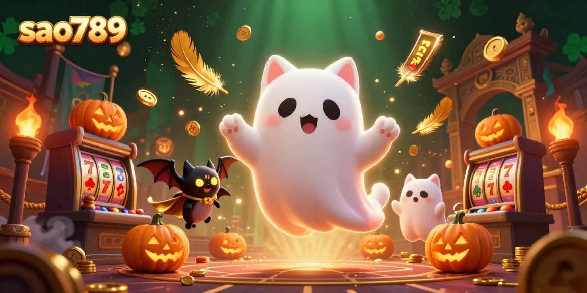 Engage in thrilling casino adventures with sao789, featuring a ghost cat and bat amidst slot machines and glowing jack-o-lanterns.