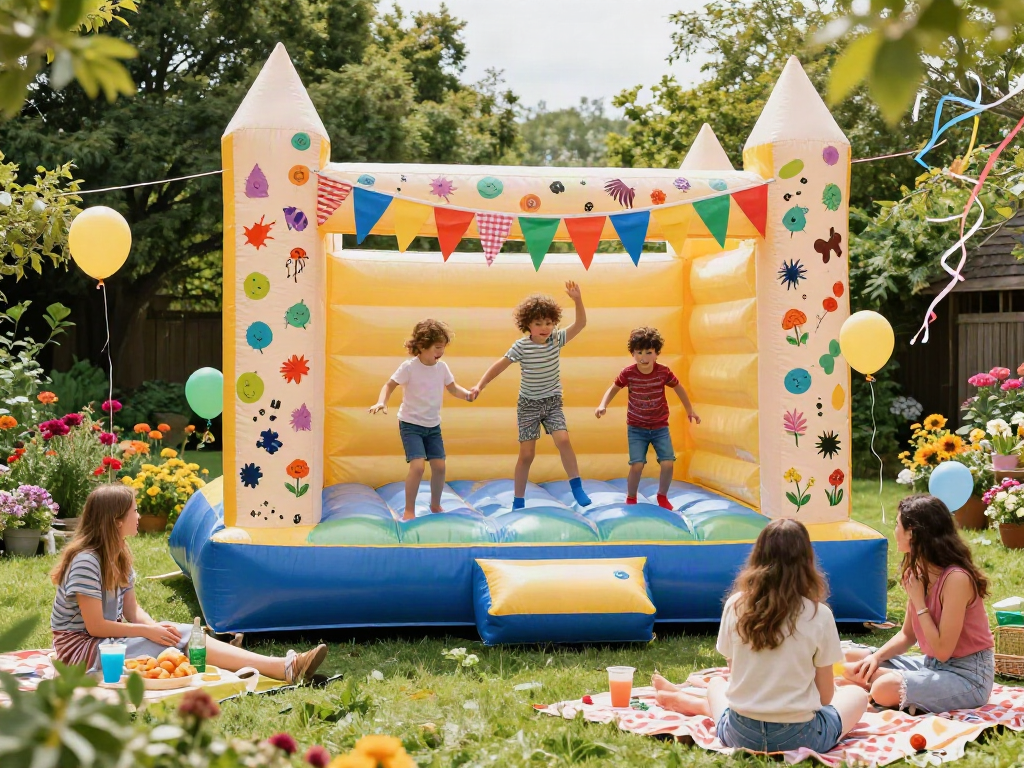 Bounce castle filled with children enjoying a vibrant backyard party.