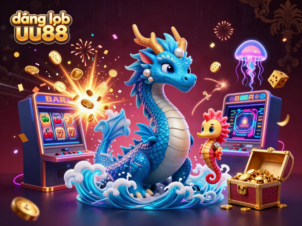 Engage in exciting gameplay by accessing đăng nhập uu88, featuring a vibrant casino world with thrilling slot machines and glowing characters.
