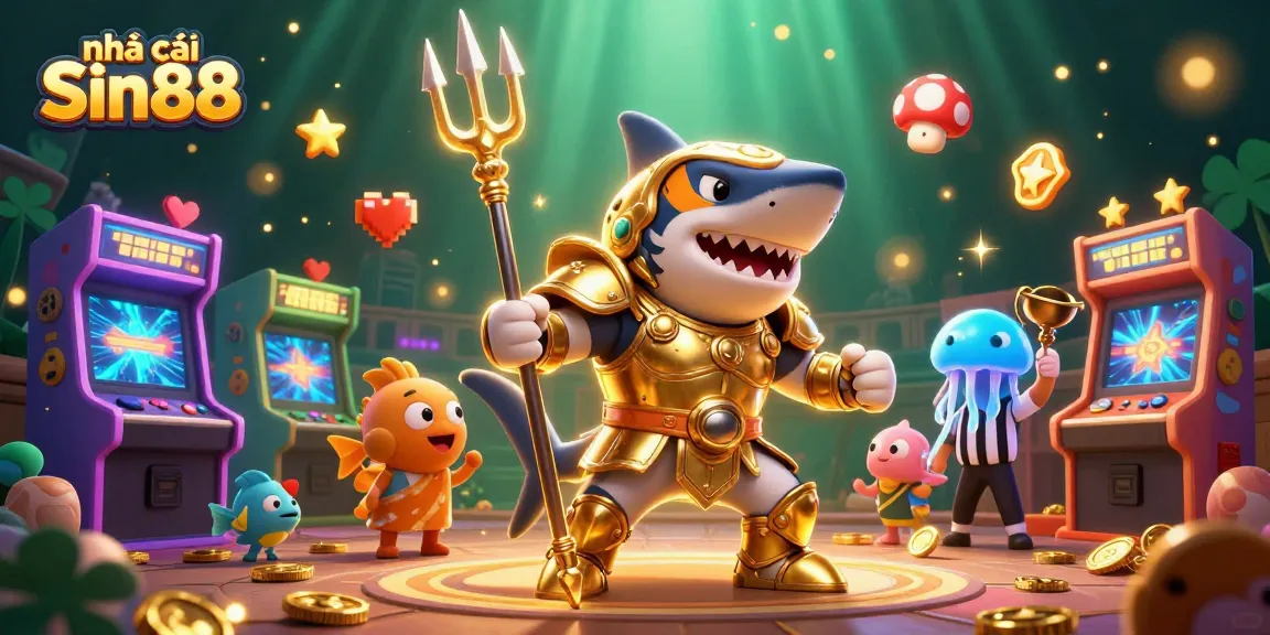 Experience thrilling action at nhà cái Sin88 with an underwater gladiator showdown showcasing a tiger shark and arcade elements.