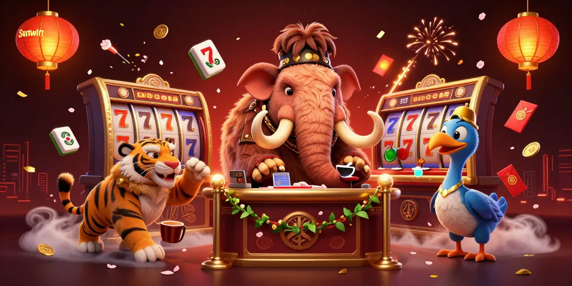 Engage with sunwin's vibrant casino experience featuring a cartoon mammoth bouncer, saber-tooth tiger guest, and colorful game elements.