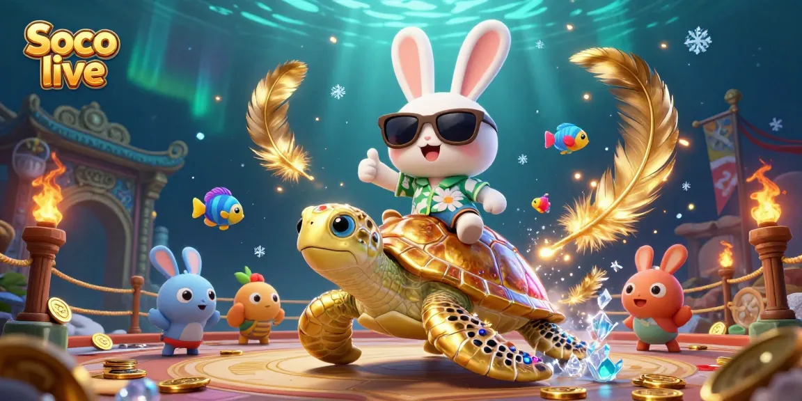 Soco live showcases an exciting 3D scene of a lucky rabbit and a golden sea turtle amidst vibrant tropical elements capturing the thrill of gambling action.
