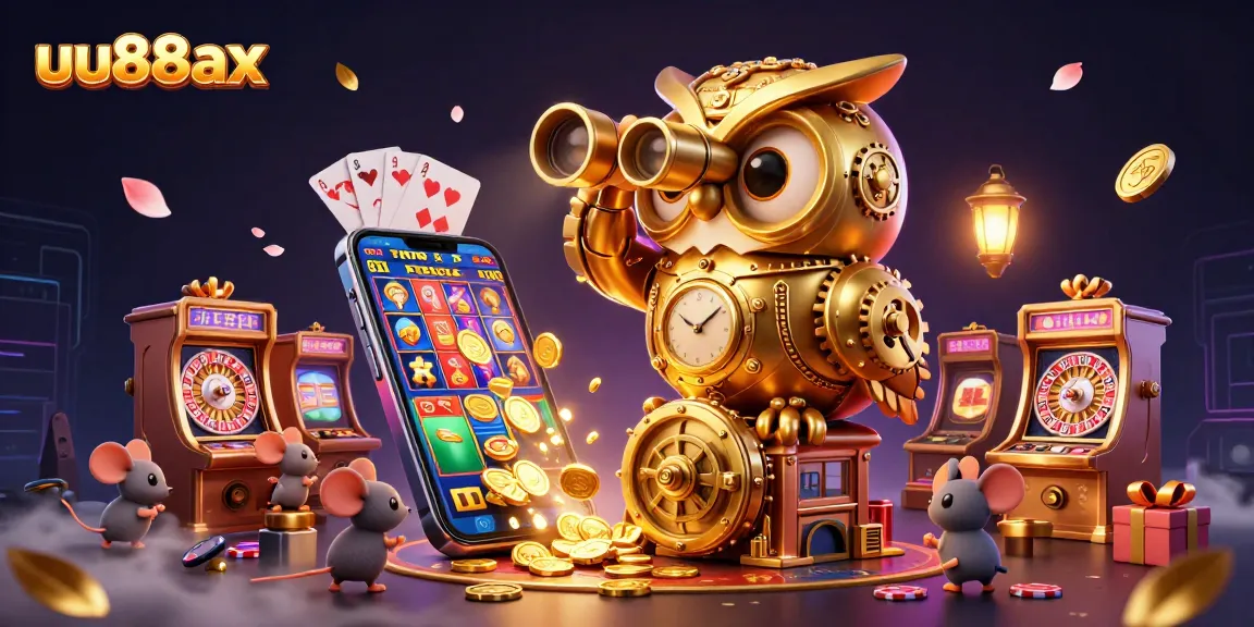 Experience thrilling gameplay at uu88ax with a whimsical owl character on a bustling casino floor, captured in vivid detail.