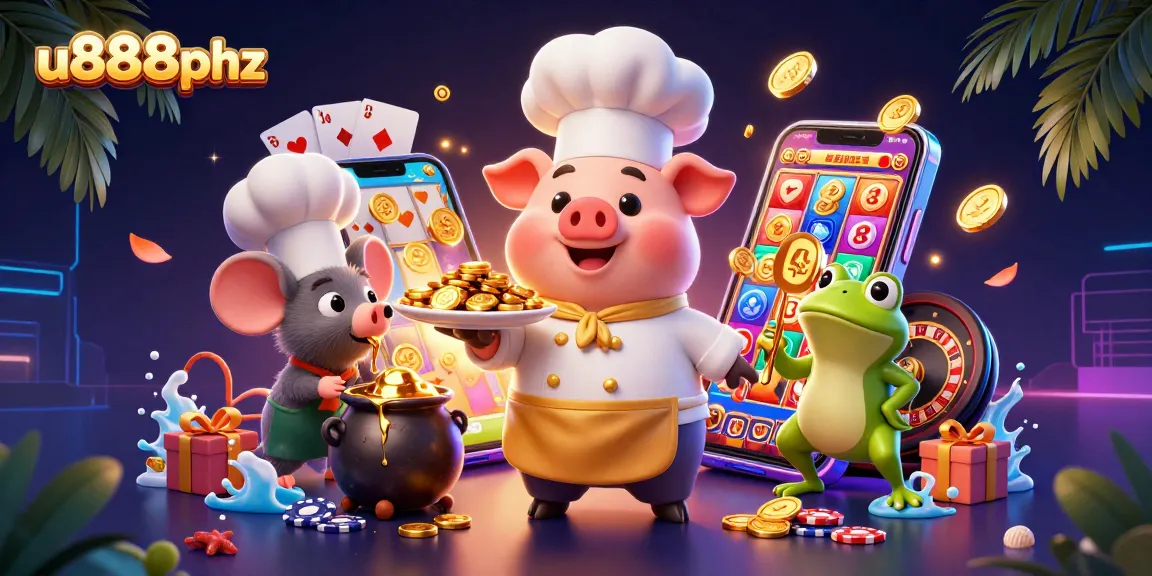 Engage with u888phz's vibrant gaming scene featuring a chef pig serving gold coins amidst slot games and dynamic elements.