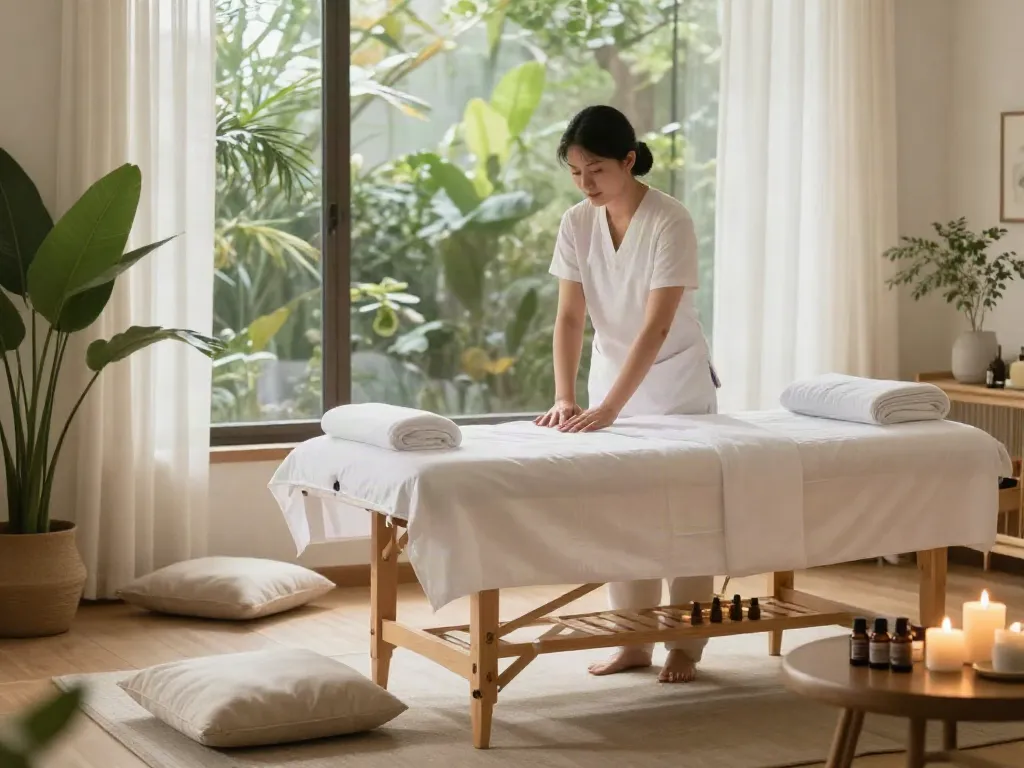Home massage therapy setting showcasing 김포출장안마 with calming atmosphere and serene decor.