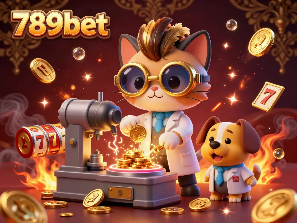 Spin the reels at 789bet with a lively 3D casino scene featuring a cat, dog, and vibrant game elements.