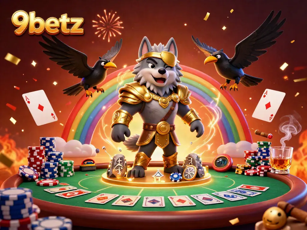 Experience the intense gambling atmosphere with 9betz in a lively casino scene featuring Odin and his ravens.