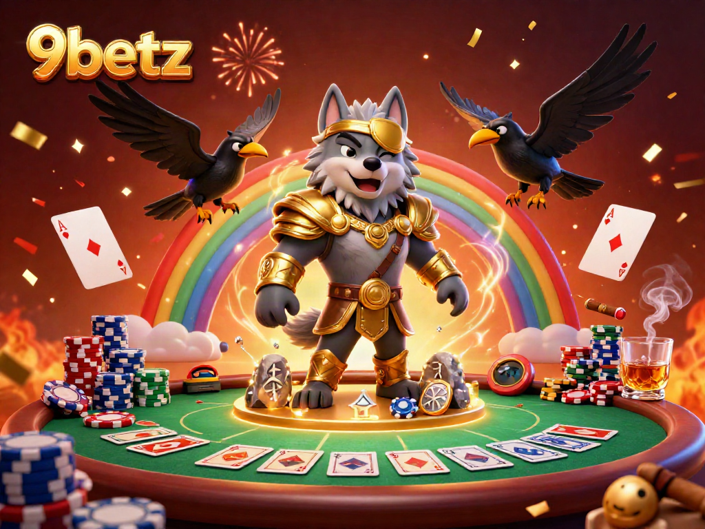 Experience the intense gambling atmosphere with 9betz in a lively casino scene featuring Odin and his ravens.
