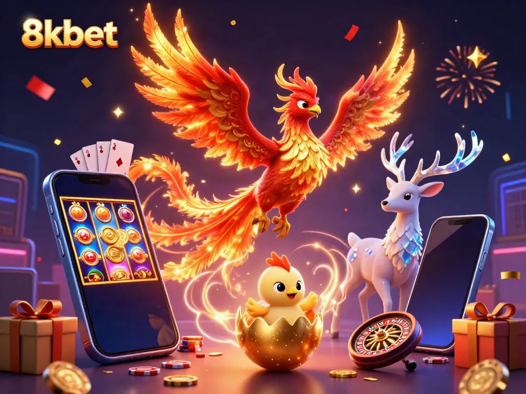 Engaging 8xbet illustration depicting a phoenix and mystical stag amidst a vibrant casino theme