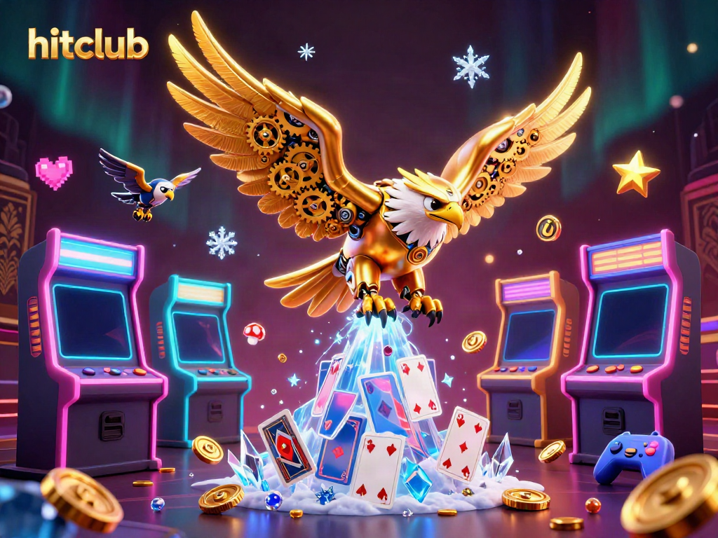 Engage with hitclub's dynamic gaming experience featuring a golden cybernetic eagle amidst exploding gaming elements.