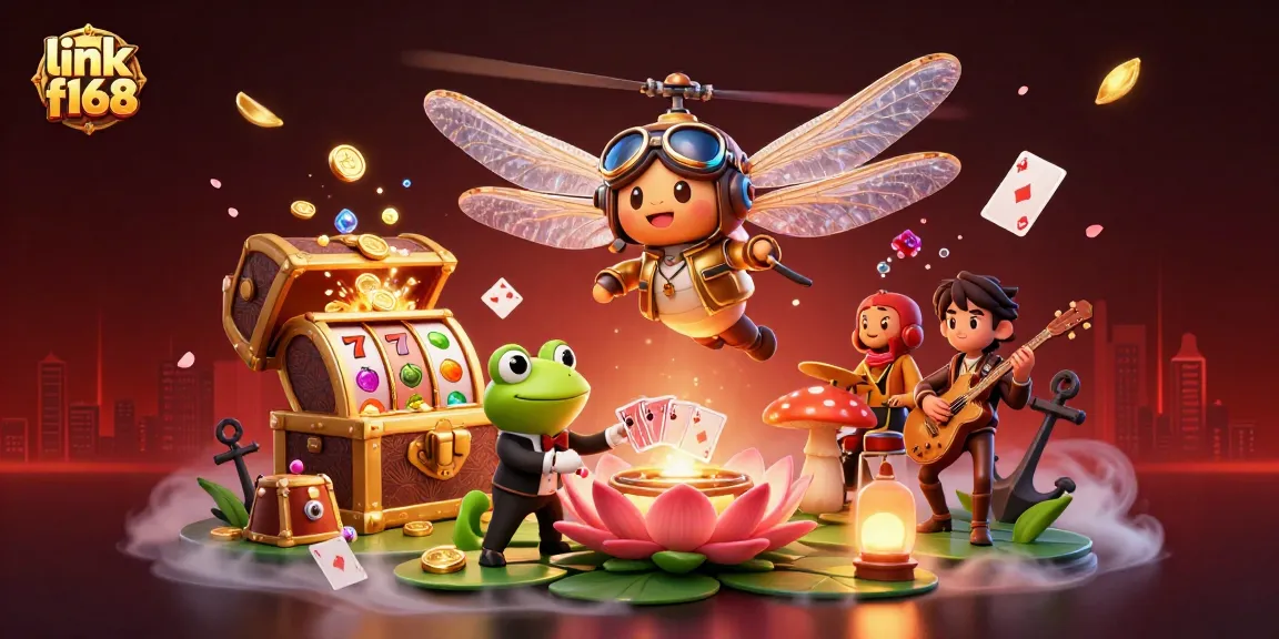 Play exciting games at link f168 featuring a cartoon dragonfly pilot above a vibrant lily pad casino.